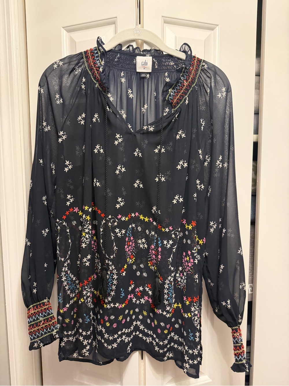CAbi Black Sheer Floral Embroidered Tie-Neck Blouse